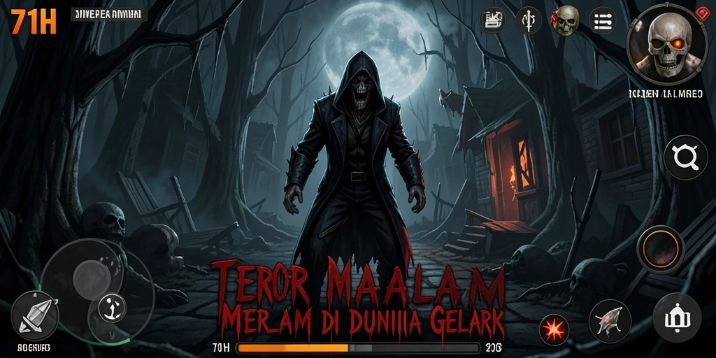 Screenshot gameplay menampilkan suasana gelap dan mencekam dari 71H.