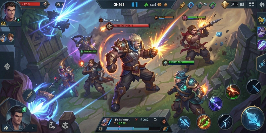 Screenshot menampilkan aksi seru dalam game MOBA GN168.