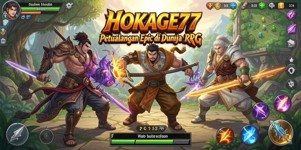Screenshot HOKAGE77 menampilkan aksi pertempuran RPG yang menegangkan.