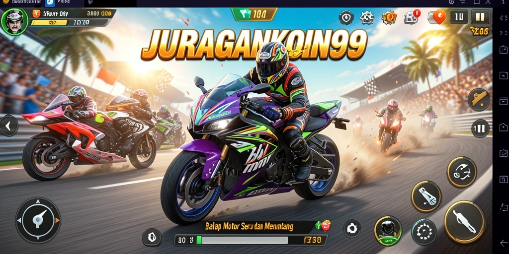 Tampilan balapan seru di JURAGANKOIN99 dengan berbagai motor dan trek.