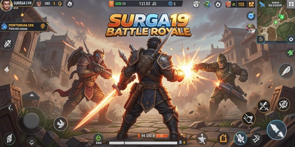 Tampilan seru gameplay SURGA19 dengan aksi Battle Royale yang mendebarkan.